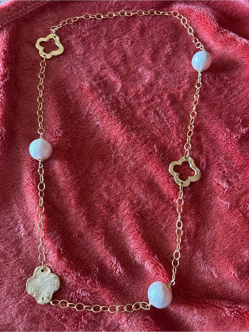 Gold Tone Long Necklace with White Beads and Clover Motifs